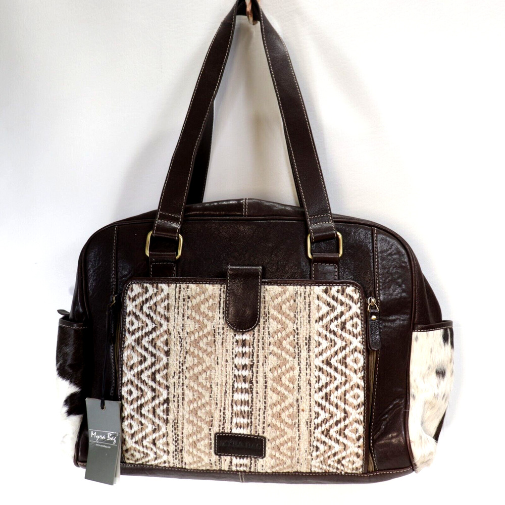 Myra Tote Handbag XL Brown Leather Tapestry Calfskin Cornflower Diaper LIned